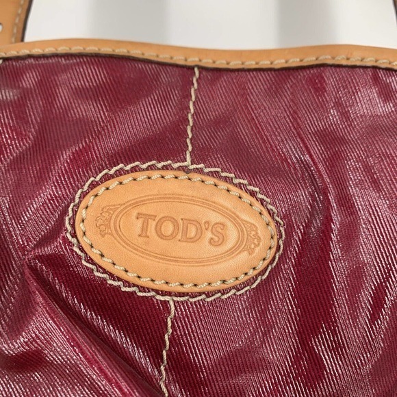 TOD'S Shoulder Hand Bag Purple Maroon PVC Leather Brown Accents Purse Pocketbook - Picture 2 of 16